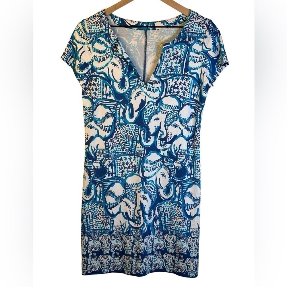 Lilly Pulitzer Blue Teal Elephant Dress Short Sleeve Split Neck Size Small - Picture 1 of 4